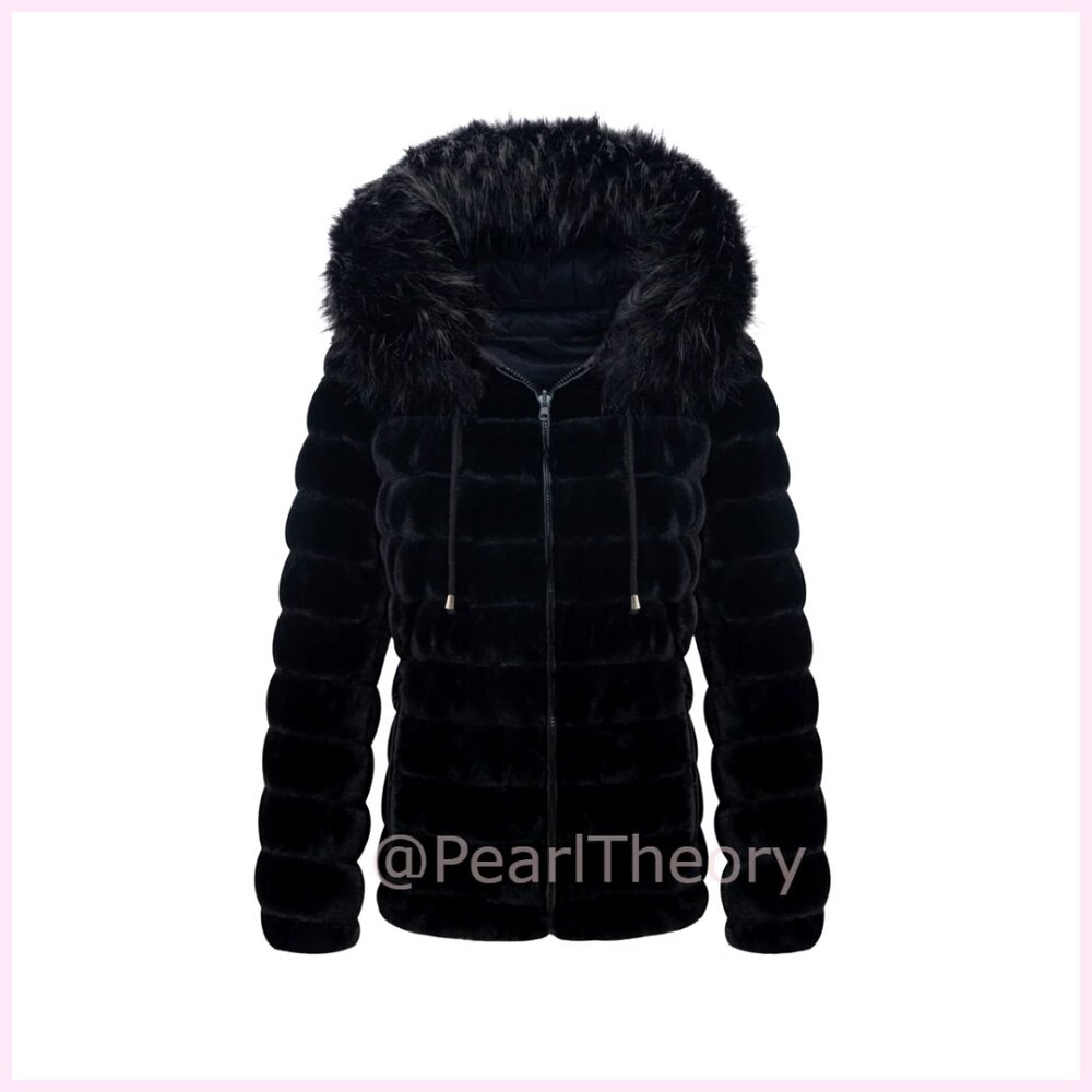 Double-Sided Faux Fur Jacket Reversible Hood Puffer Coat